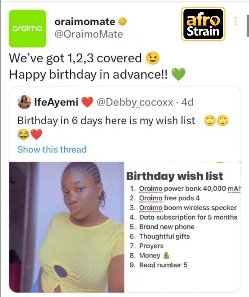 Lucky Lady to receive free Oraimo 40k mAh power bank, earbuds and speaker from company after sharing birthday Wishlist