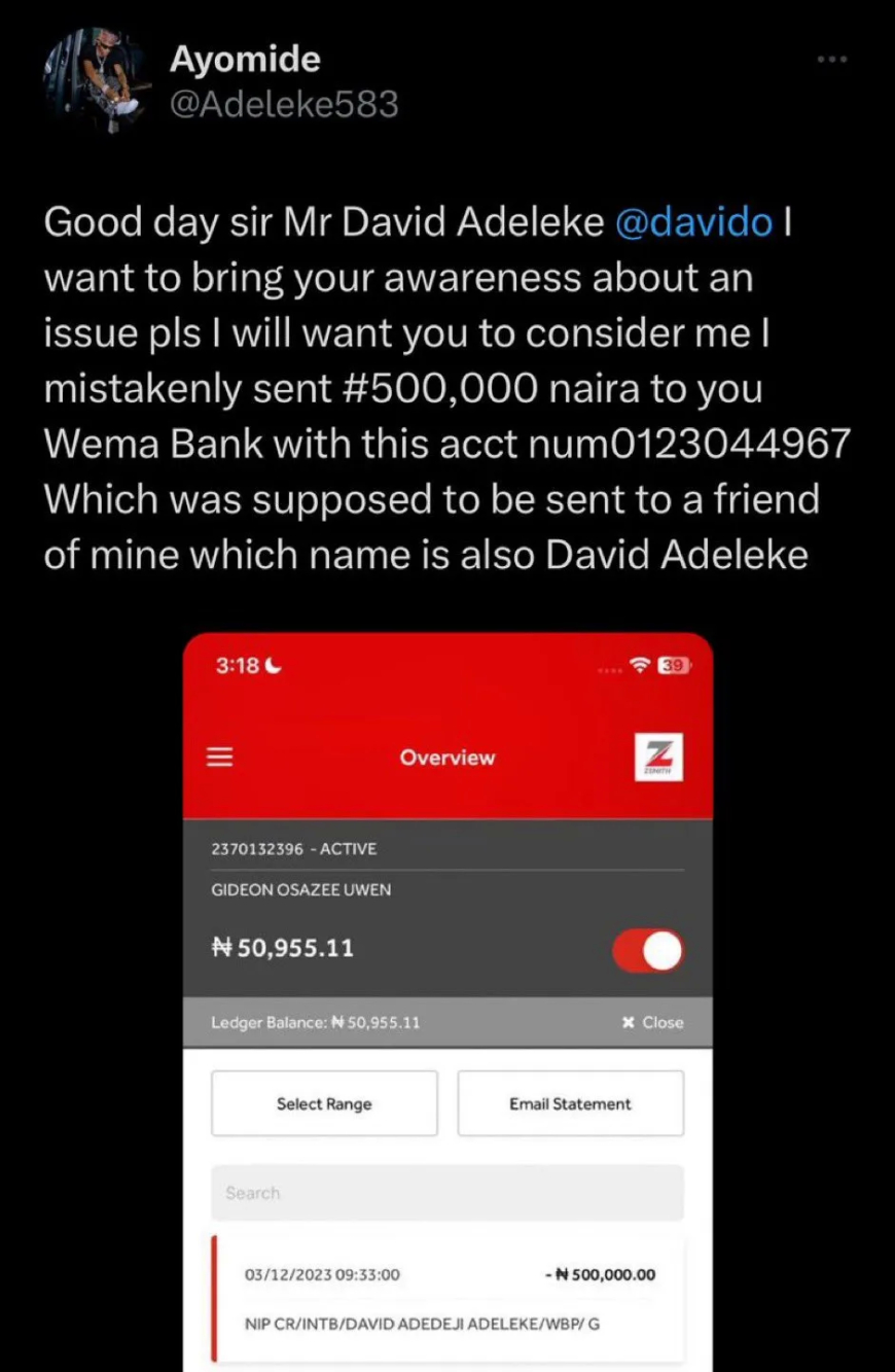 “Please refund me” Man pleads with Davido as he mistakenly credit him 500k