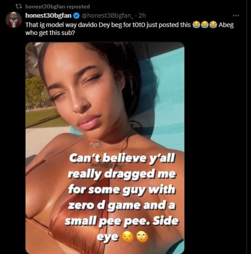 OBO has a small pee-pee and zero D game – American model Bonita Maria whom Davido was begging in the other room spills