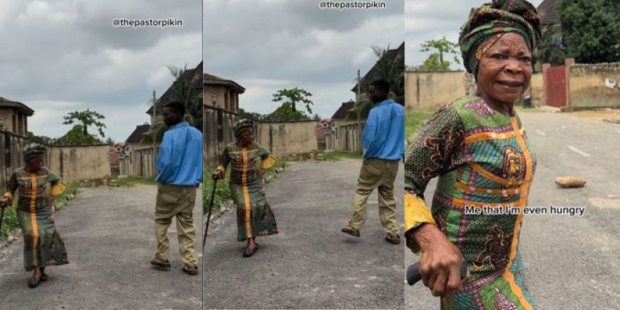 “Challenge went wrong” – Veteran actress Iya Gbonkan turns comedian Erekere into a yam after jumping on “Gwo Gwo Gwo Ngwo” viral dance (Video)